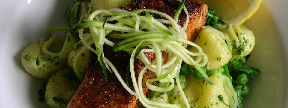 Hot Smoked Cajun Salmon with Pasta, Rocket Pesto & Spring Vegetables